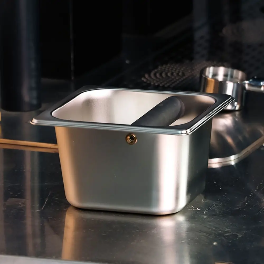 Compact Stainless Steel Coffee Knock Box Wood Base Non Slip Espresso Waste Bin For Home Kitchen Coffee Making Tool