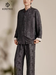 BirdTree, 100%Mulberry Silk Pajamas Set, Men Long Sleeve Top Pants, Retro Casual Jacquard Homewear, 2024 Summer Autumn S48323QC