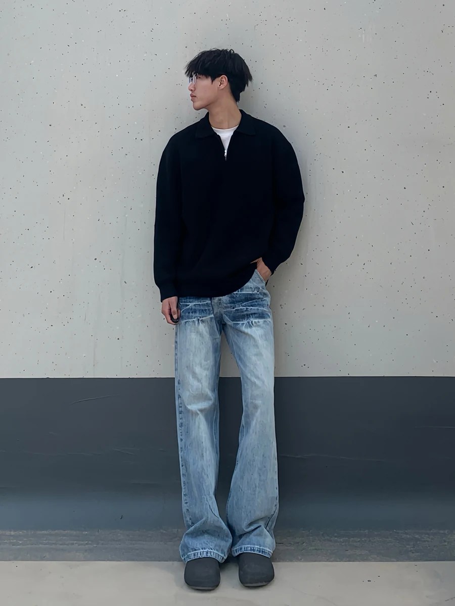 

Light Blue Lightning Pattern Men's Jeans High Waist Leg Lengthening Knife Spring Autumn Straight Leg Trousers