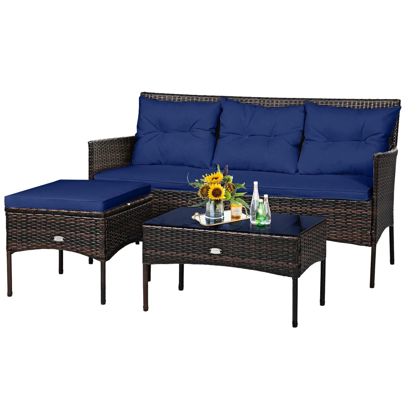 

Patiojoy Patio 3PCS Rattan Furniture Set 3-Seat Sofa Cushioned Table Garden