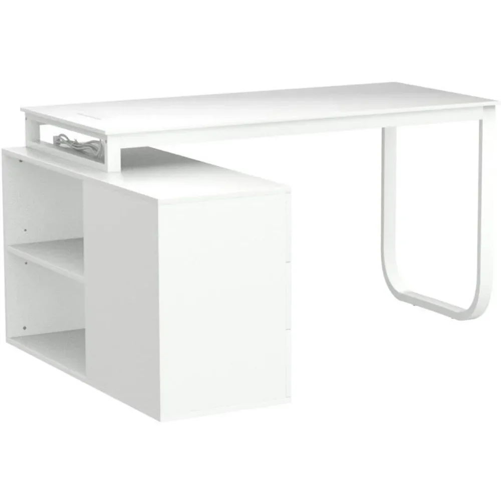 Home Office Computer Desk Corner Table with Power Socket, 3 Drawers, 55 Inch Large L-Shaped Study Desk with Locker Warm White images - 6