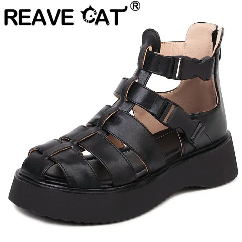 

REAVE CAT Women Shoes Sandals Round Toe Platform Flats Thick Cover Heel Buckle Strap Rome Style Solid Black White Leisure S3926