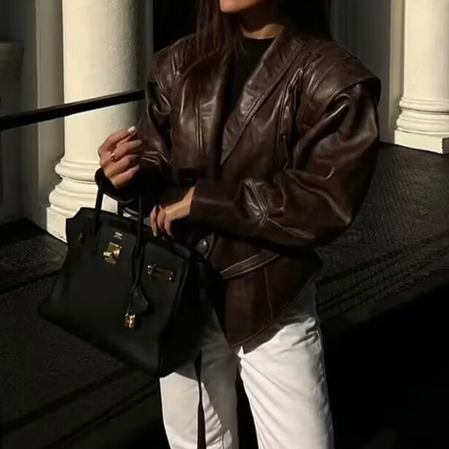 Ele Retro Leather Jaet Women's Faion Personali Aosphere Autumn New Arrival ort Outerwear Casual Sle Z