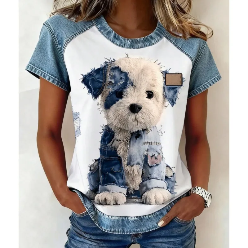 

Женские блузки с коротким рукавом и принтом панды, летняя новинка 2026, модная повседневная рубашка с круглым вырезом, цветными блоками на правом плече, свободные женские топы