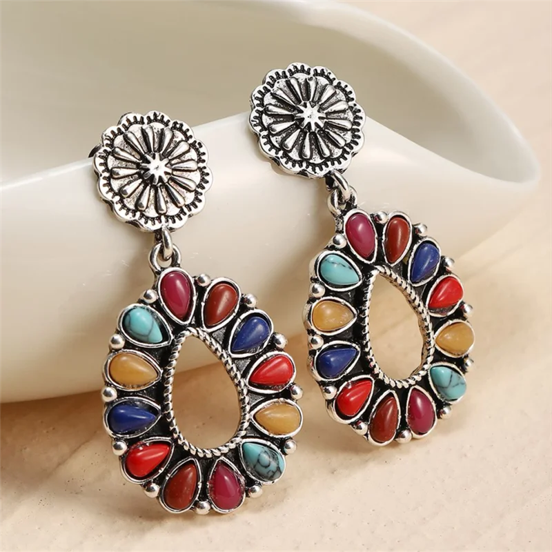 Vintage Multicolor Turquoise Indian Jewelry Dangle Earrings for Women Retro Ethnic Tribal Drop Earring Statement Accessories