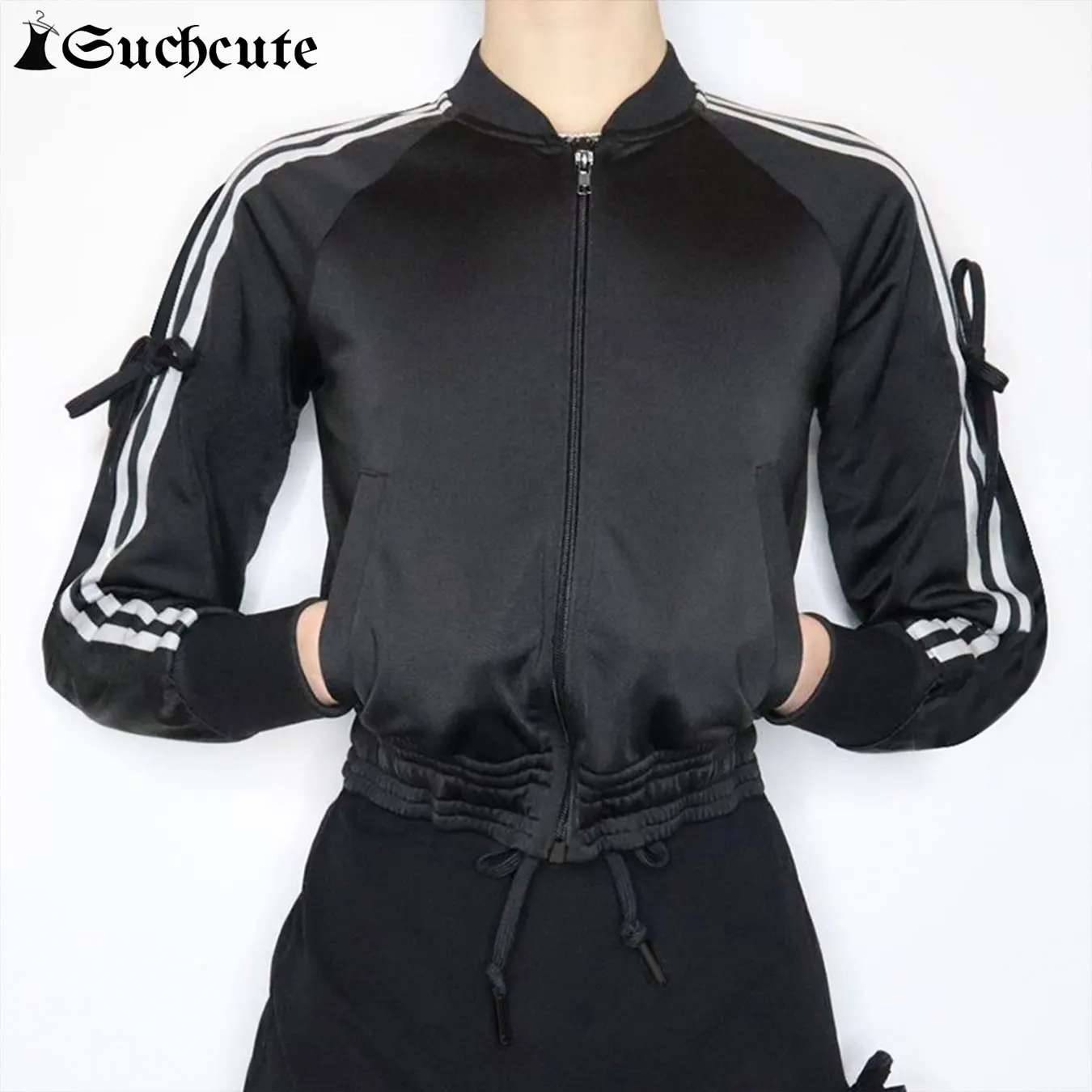 

SUCHCUTE Fashion Black Stripe Zipper Jacket Autumn Winter Women Clothes Y2k Streetwear Tie-Up Bow Coat Harajuku Loose Outwear