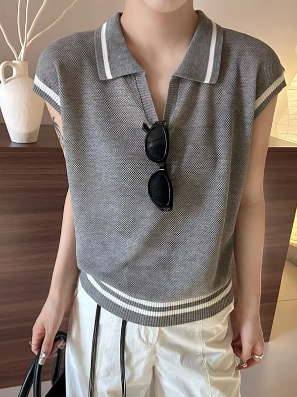 

ay Knitted ort Sve irt Women's Slim Fit Turn-down Collar T-irt Summer Design Sense Commute Sle Korean...