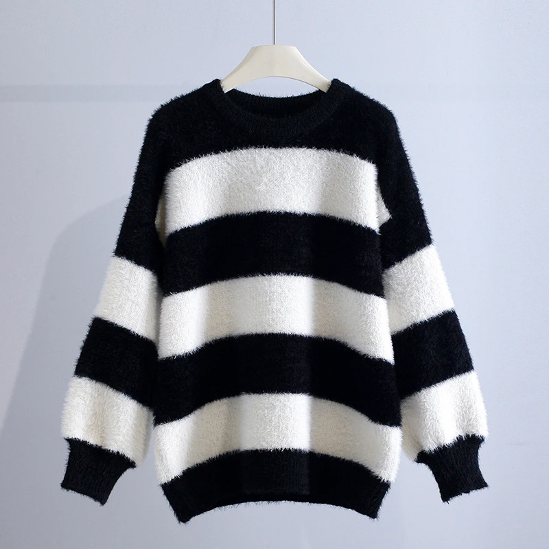 

Imitation Mink Velvet Stripe Sweater Women's Pullovers Loose O Neck Outwear Women Sweater Autumn Winter Knitwear Top Female 2023