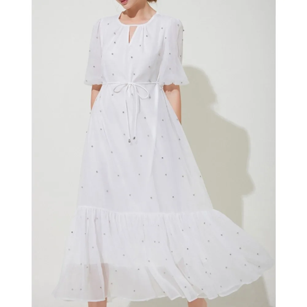 Chic vintage Sexy lantern sleeve rhinestone mesh Fairy Summer  Women Boho Sundress women clothing Long dress