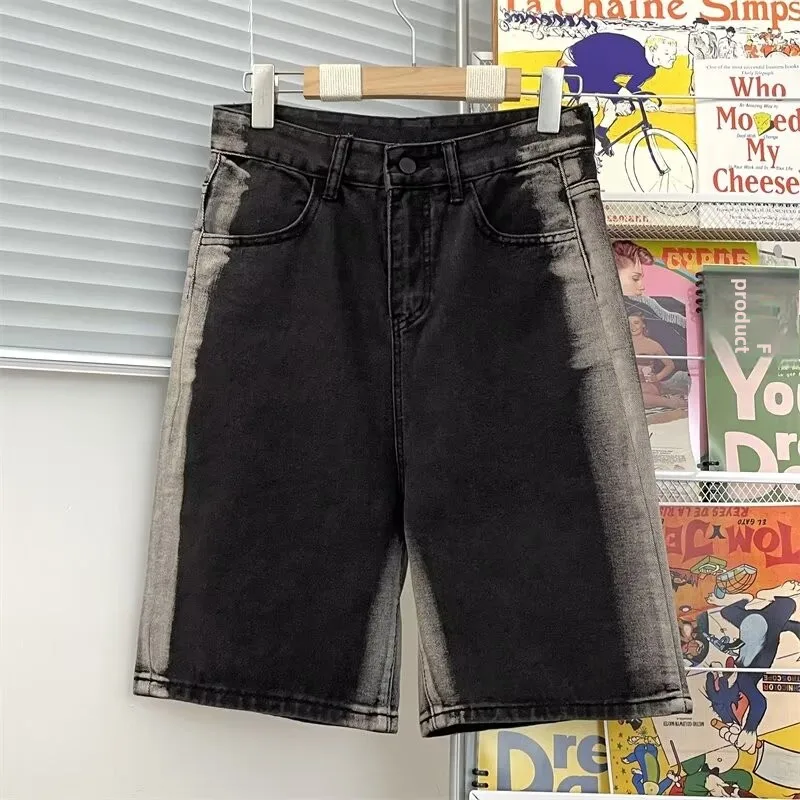

Мужские джинсовые шорты в стиле ретро, летние, 2024, модные, прямого кроя, до колена, уличные, повседневные, молодежные, из полиэфирного волокна