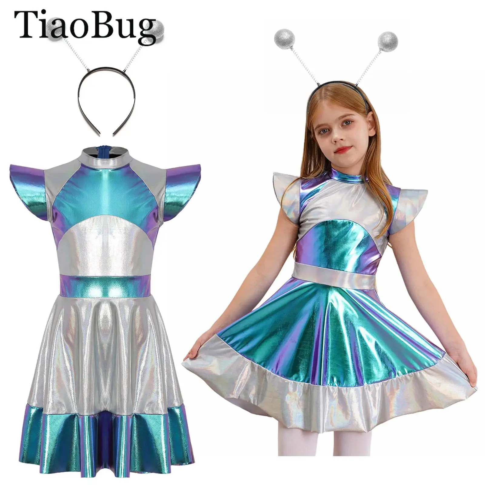 

Girls Halloween Space Astronaut Costumes Alien Cosplay Outfits Cap Sleeve Metallic Shiny Gradients A Line Tutu Dress +Hair Hoop