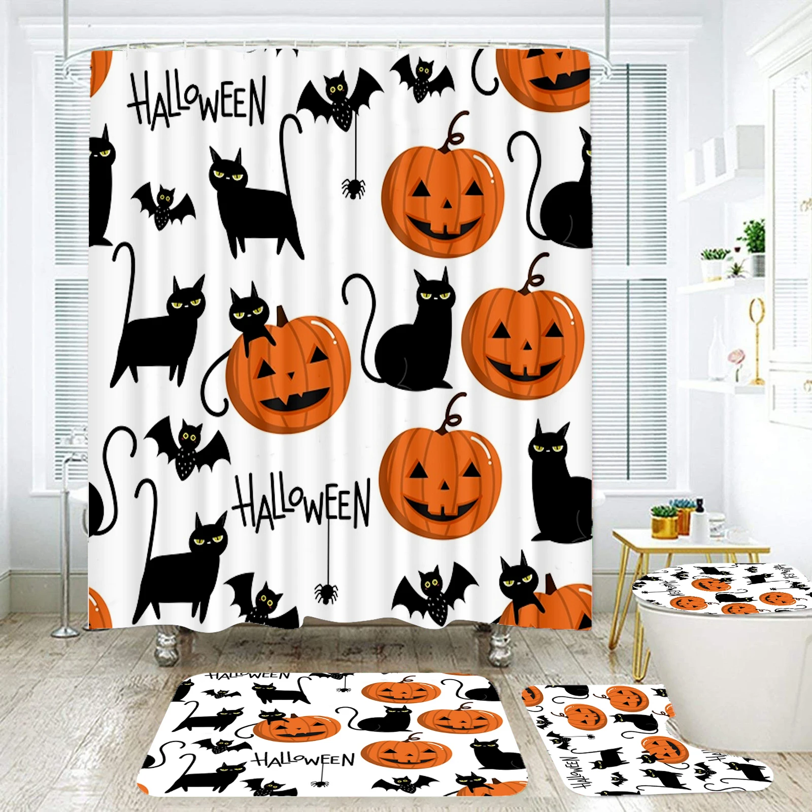 Halloween-Duschvorhang-Set – Kürbis-Katzen-Fledermaus-Spinnen-Design, inklusive Toilettendeckel-Abdeckung und Badematten, 180 x 180 cm, 12 Haken