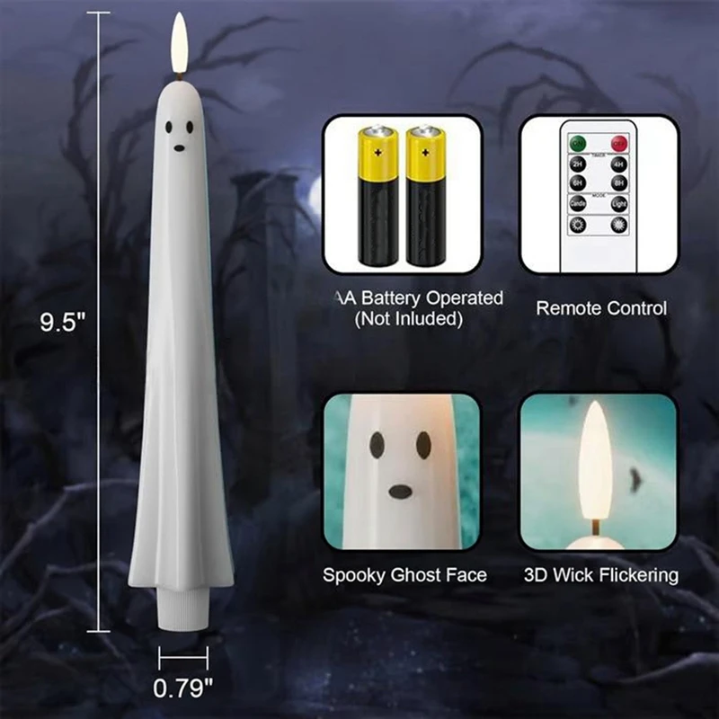 DT16 Halloween Fake Candles 6PCS for Ghost Flameless Taper Candles with Remote and Timer, LED Candlesticks 3D Wicks