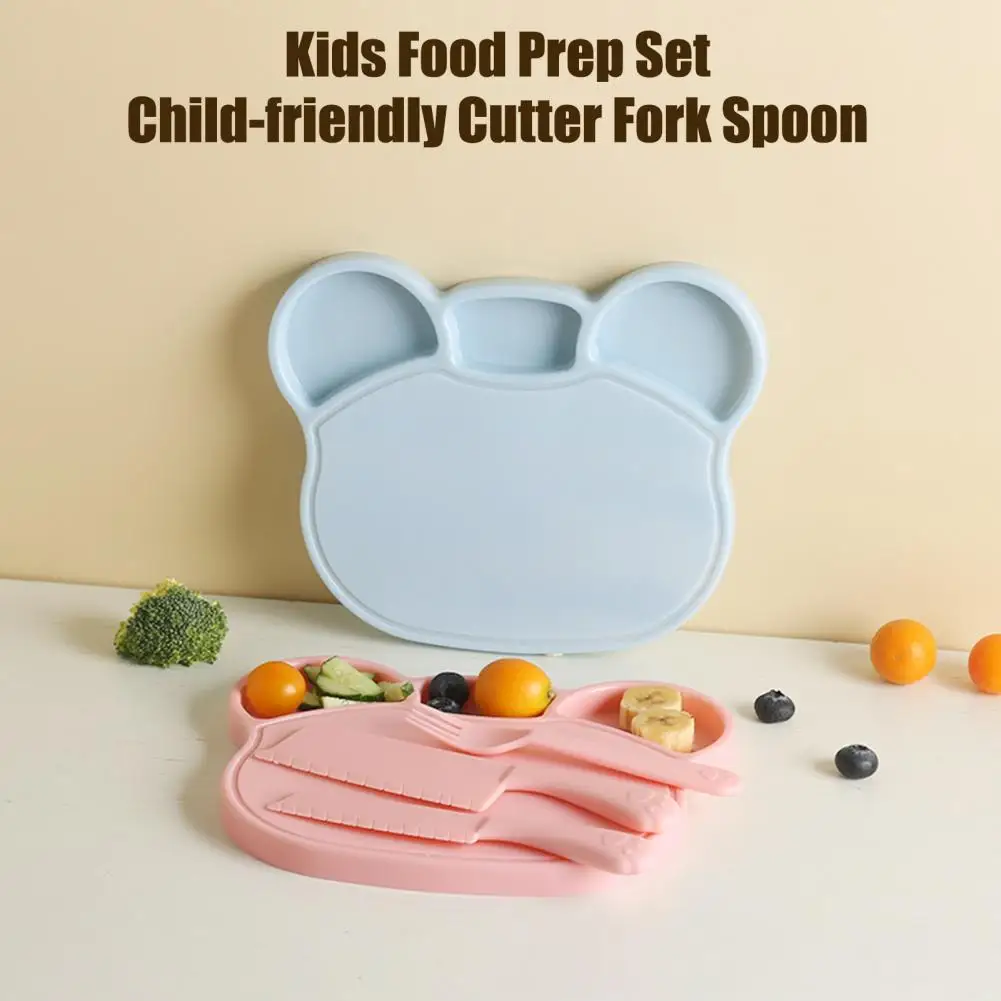 Child Food Storage Compartments Cartoon Shape Baby Food Cutting Board with Safe Cutters Kids Preparation Tray Early Childhood