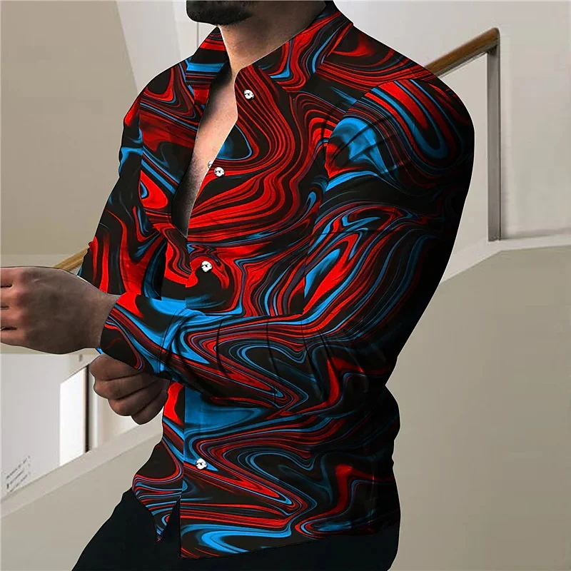 Shirt Men Rainbow Flame Geometric Pattern Print Lapel Outdoor Street Long Sleeve Print Clothing Fashion Street Designer Casual