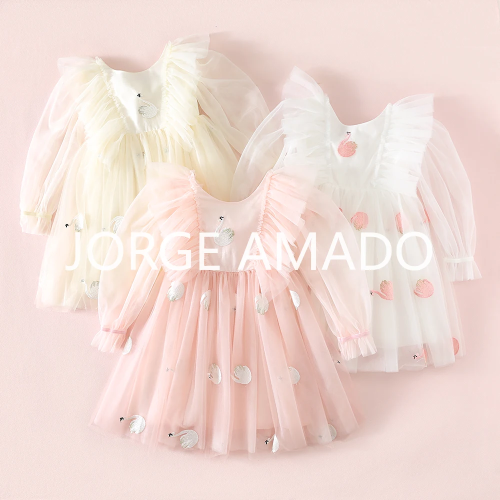 Kids Girl Summer Party Dress Tulle Flutter Long Sleeve Bow Layered Ruffle Fluffy Prom Evening Gown for Birthday Wedding A7222
