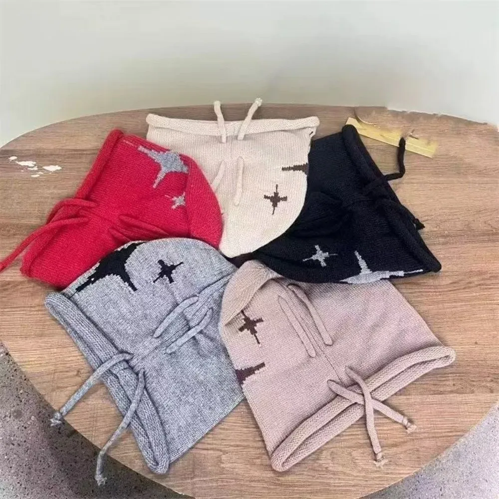 หมวกไหมพรมลายดาวแบบสบายๆ ป้องกันลม กันหนาว คลุมศีรษะ อุ่นหนา มีเชือกผูก สำหรับผู้หญิง