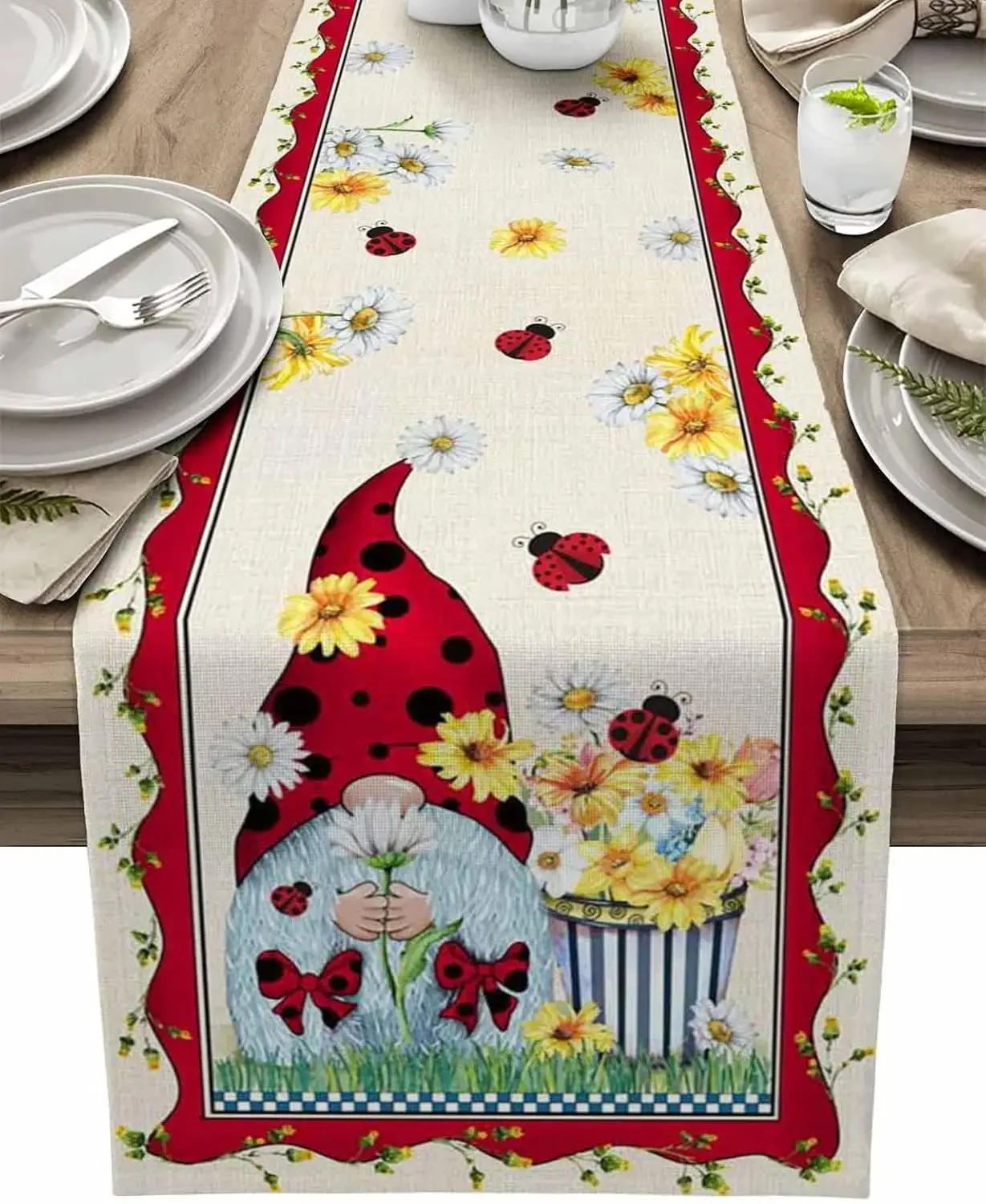 Spring Gnome Ladybird Flowers Linen Table Runner Dresser Scarves Table Decor Farmhouse Kitchen Dining Table Runner Party Decor