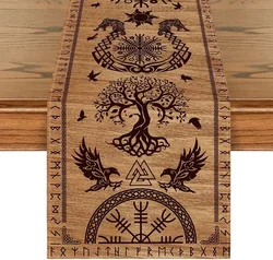 Vintage Viking Raven Helmet of Awe Linen Table Runner Holiday Party Decor Reusable Kitchen Dining Table Runner Viking Decoration