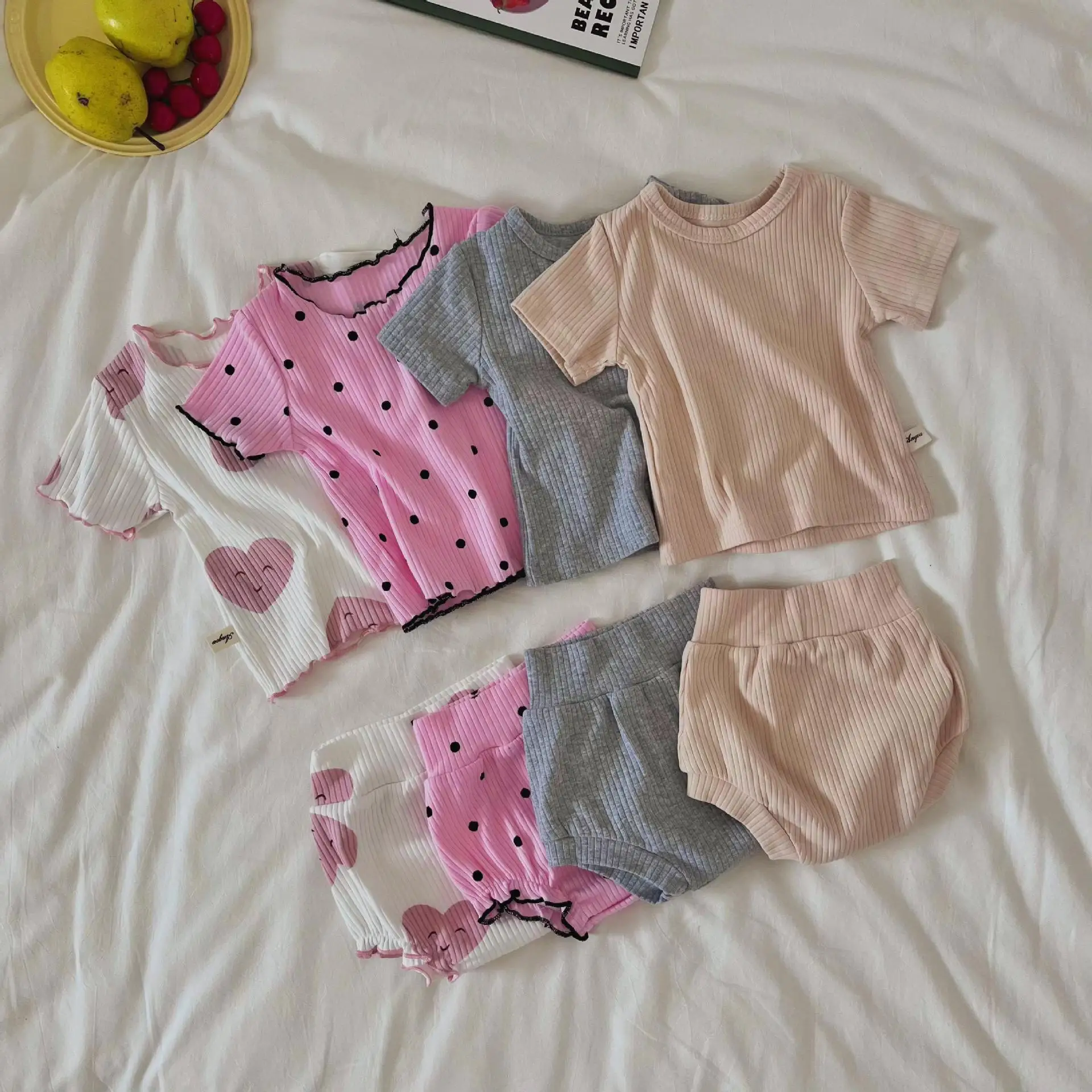 Summer Baby for Boys and Girls Casual Short Elasticity Sleeve Top + Shorts Solid Color Kids One-Piece Fashion Baby Clothing