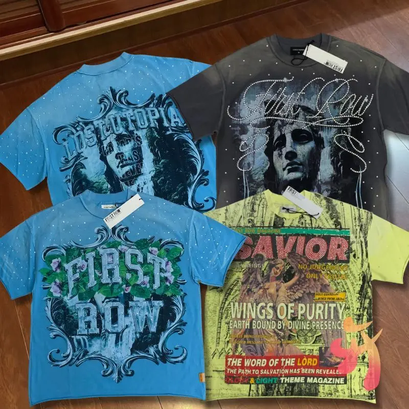 

Летняя винтажная потертая синяя футболка FIRST ROW, высокое качество, прямой спрей, горячий бриллиант, короткий рукав, портрет, граффити, мужские и женские топы