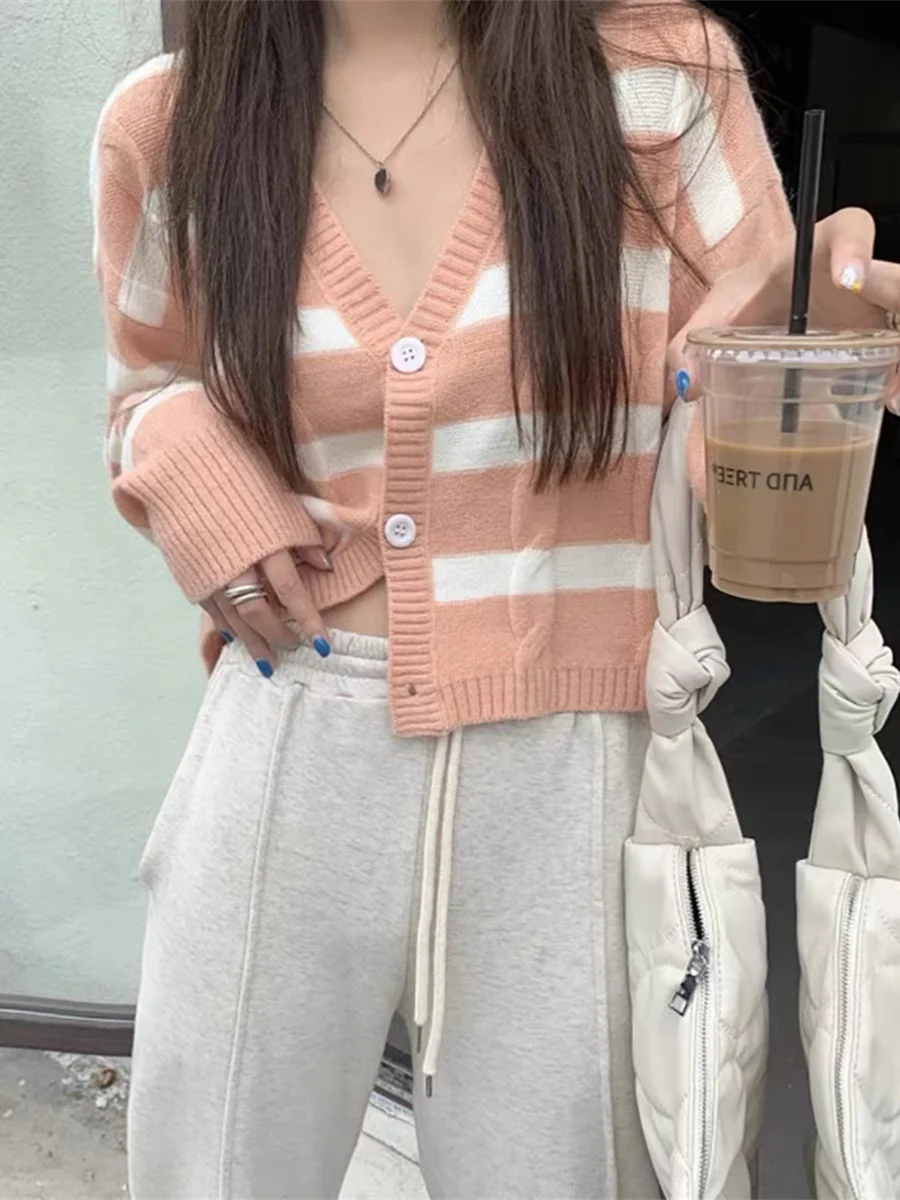 

V-Ne ort Casual Autumn Sweater Coat Vintage College Sle Wide Stripe 3D Texture Button-Up Knitwear Fem 8-24 Years Old