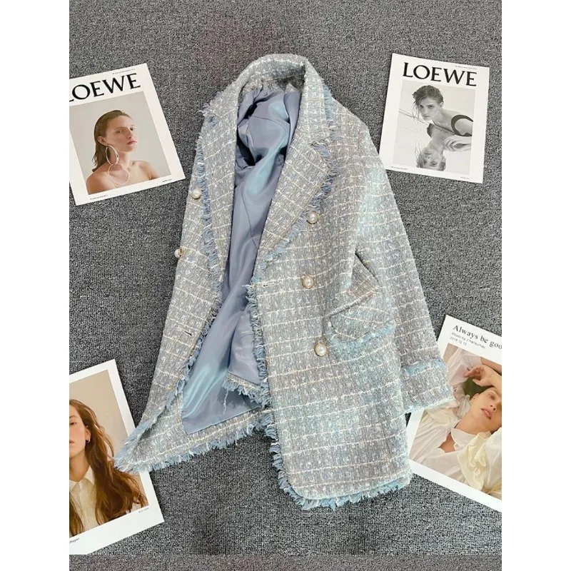 Lake Blue Fashion Suit Jacket 2024 New Spring Women Double-breasted Design Outcoat Female Large Size Casual Versatile Outerwear