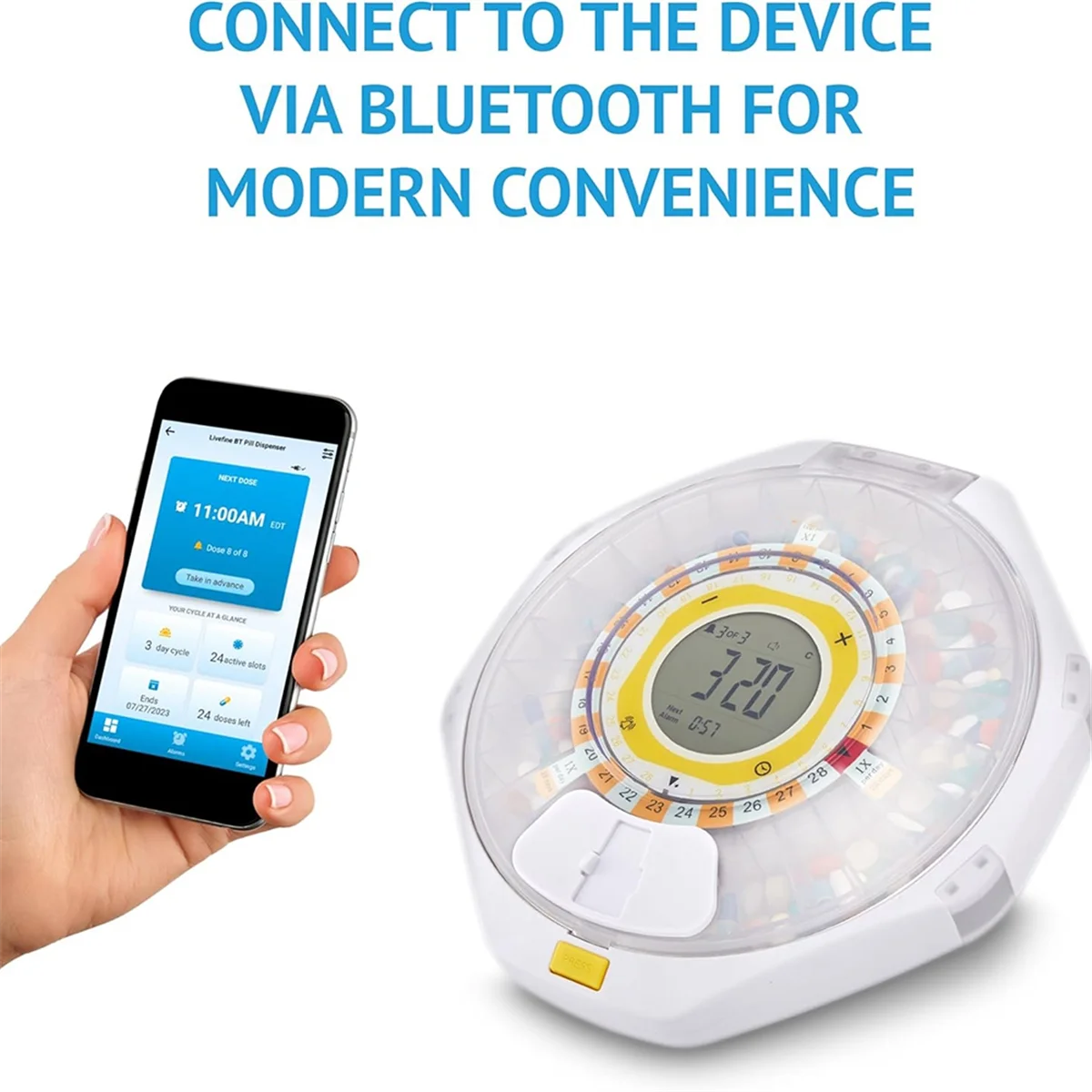 Bluetooth Automatic Pill Dispenser,28-Day Capacity, Sound & Light Alerts, Key Lock, LCD & Easy Setup on the LiveFine App