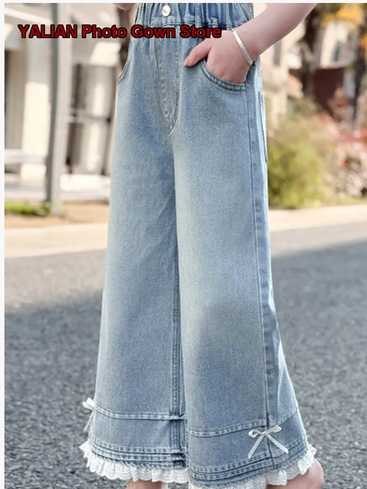 Girls Denim Wide Leg Pants Kids Summer Thin Breathable Embroidered Capri Pants Older Kids