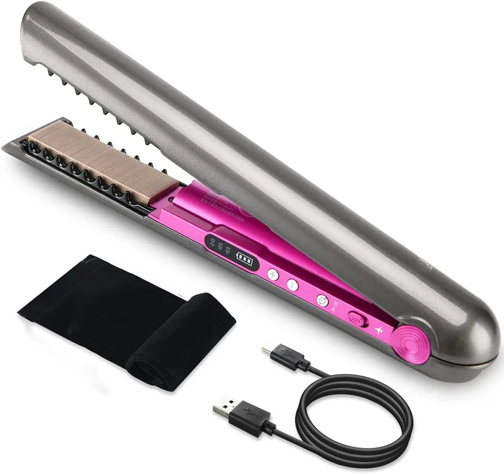 Wireless Hair Straightener with Charging Base Flat Iron Mini 2 IN 1 Roller USB 4800mah Portable Cordless Curler Dry and Wet Uses