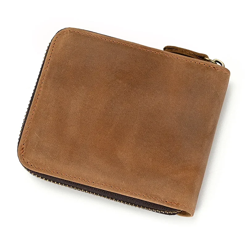 Crazy Horse Leather Zipper Wallets Men RFID Blocking Wallet Genuine Leather Credit Card Holder