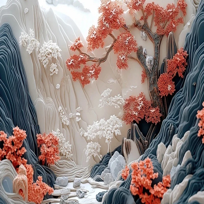 Custom Modern Chinese Style 3D Textured Landscape Mural Wallpaper Floral Tree Wall Coverings for Living Room TV Background