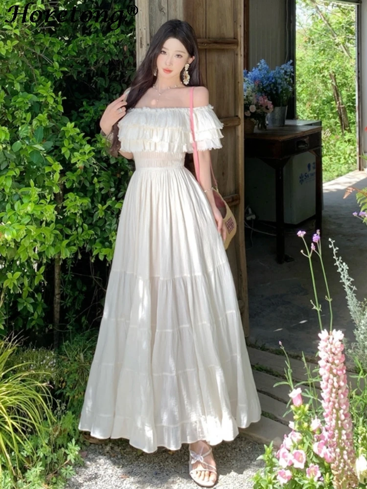 Horetong vestido francês elegante para mulheres, três camadas, borda com babados, pescoço grande, balanço, vestidos longos, novo vestido de férias de verão