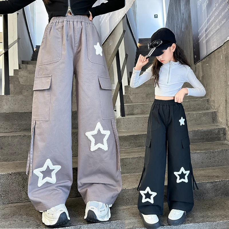 

Tween Child Star Embroidered Cargo Pants for Girls Fashion Street Cargo Trousers With Pocket Kids Teenagers Star Sweatpants 5-14
