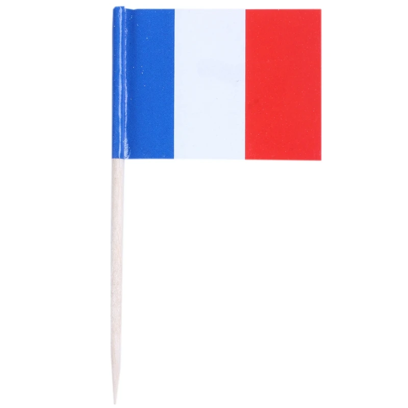 Lote de 100 peças mini palito de dente de madeira com bandeira para decoração de pastelaria de frutas de festa - França (azul, branco, vermelho)