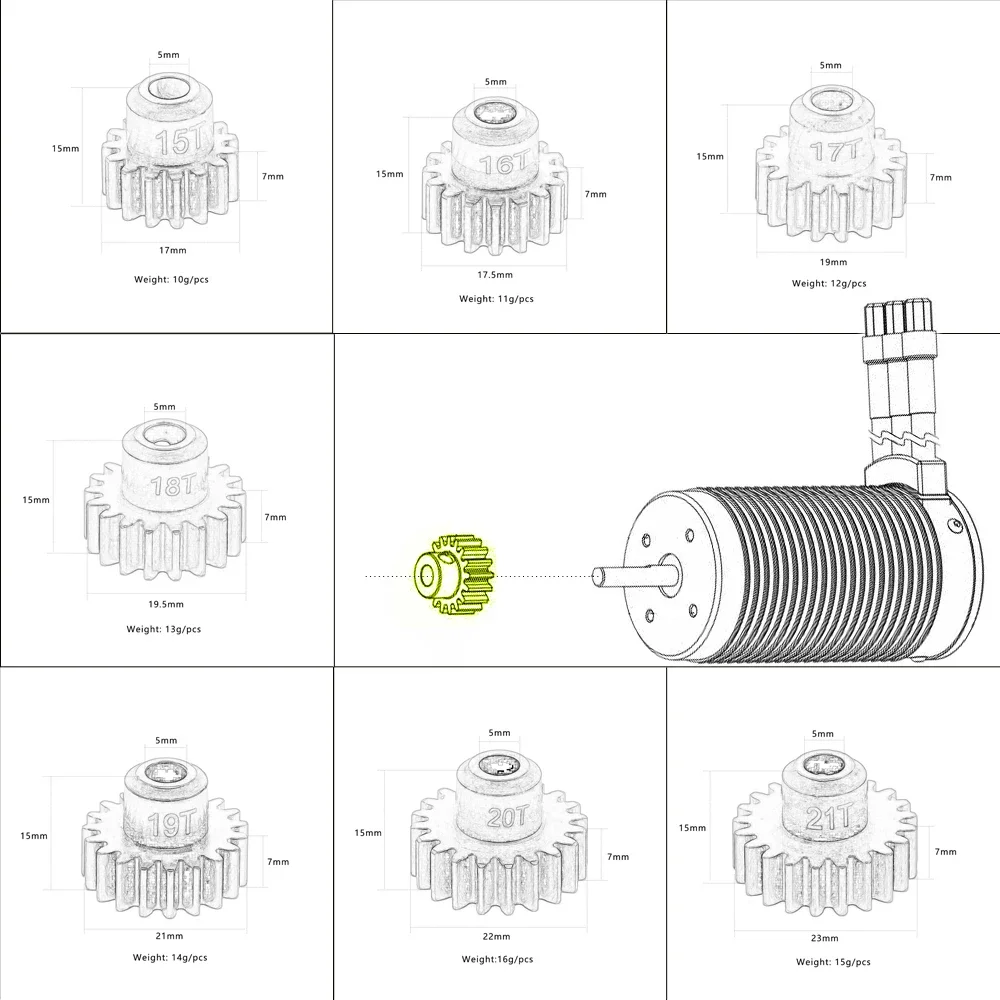 45#Steel 1.0M 5mm Shaft 15T 16T 17T 18T 19T 20T 21T 6491X Pinion Gear for RC Traxxas 1/5 XMaxx 8S 1/10 ERevo 2.0 MAXX Sledge XRT