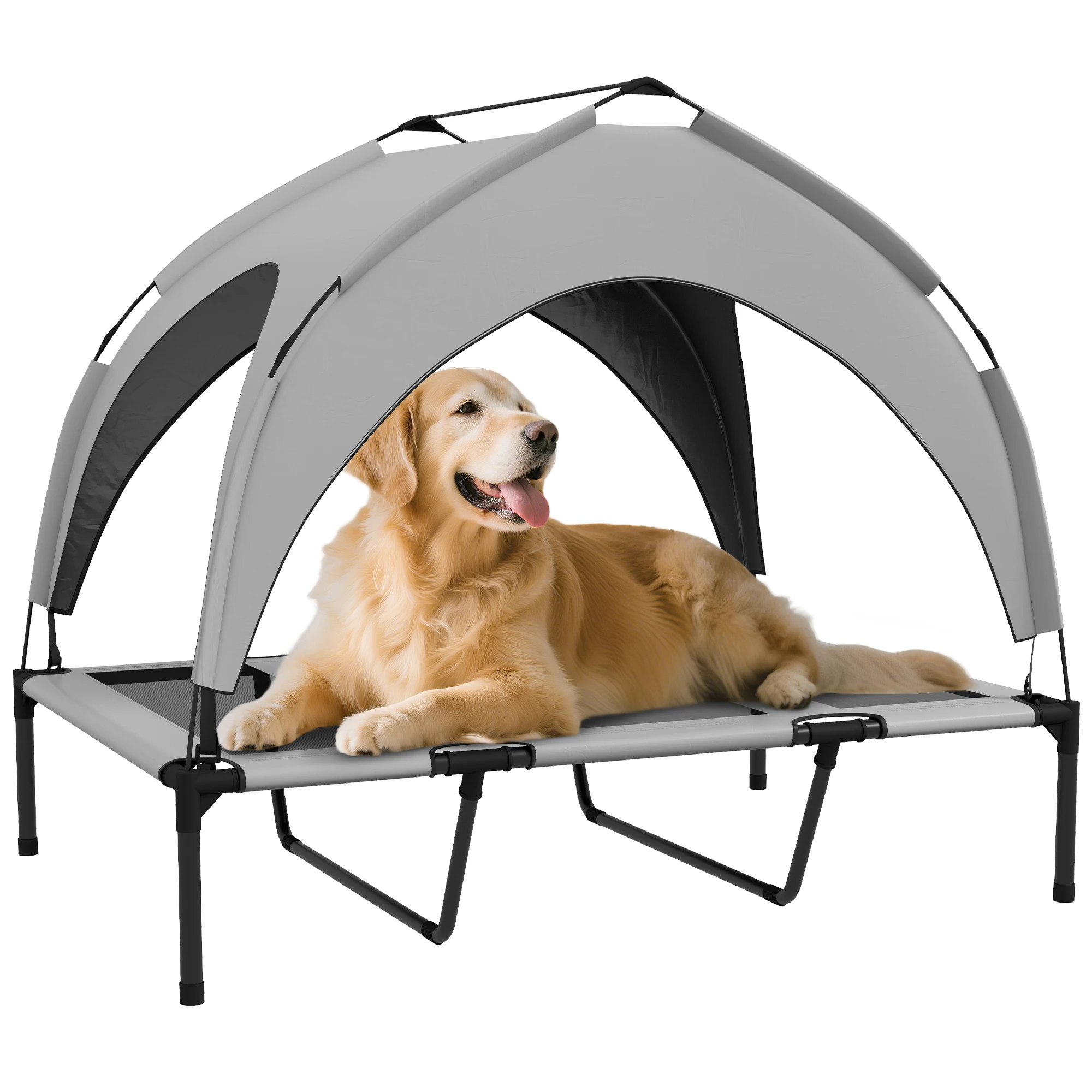 Pawhut Verhoogd hondenbed met luifel, stalen frame en draagtas voor binnen- en buitengebruik, 106x76x94 cm, lichtgrijs