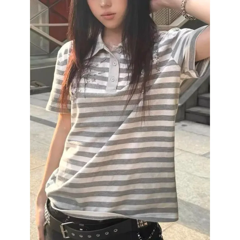 American Retro White Stripe Printed Mang Star Hot Vintage Spray Dirty Shoulder Versatile Unique Shirt Top