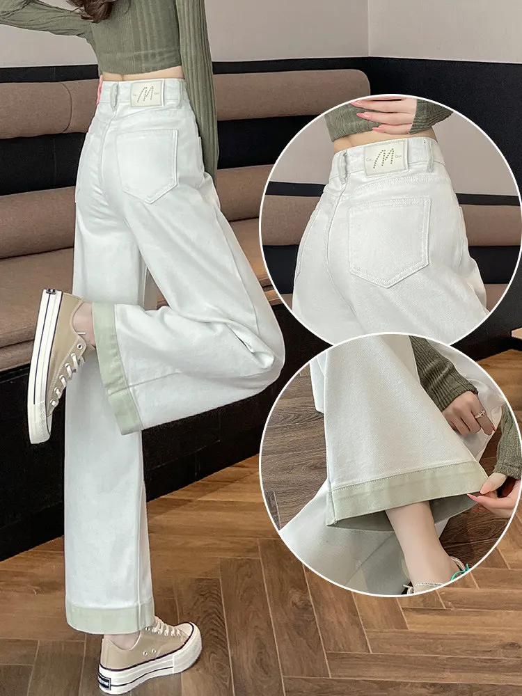 Color blocking nine cropped wide leg jeans women in autumn new high waist street spliced fashionable straight leg pants