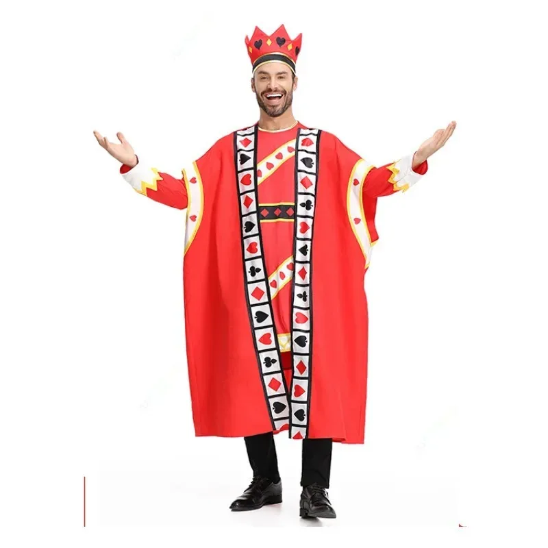할로윈 카니발 역할 놀이 성인 하트 킹 포커 의상 파티 무대 공연 세트를위한 남자 붉은 망토