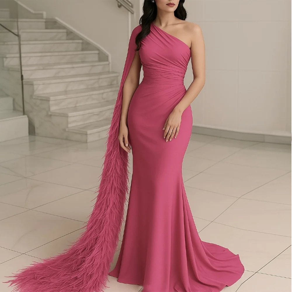 

Customized Mermaid Prom Dresses Floor-Length One-Shoulder Sleeveless Stole Evening Gown Simple Fashion Feathers Party Gown