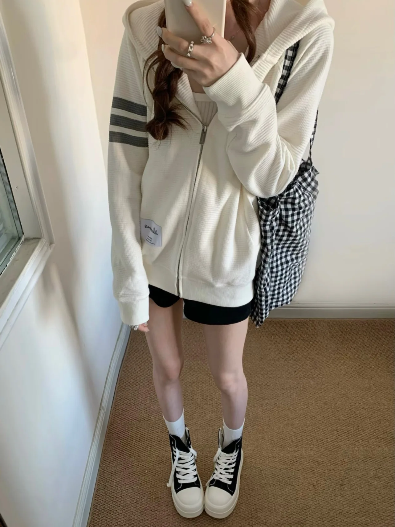 Retro Korean Style Three Bars Waffle Pattern Hoodie Women's Spring Autumn Loose Simple Open Cardigan Zipper Jacket