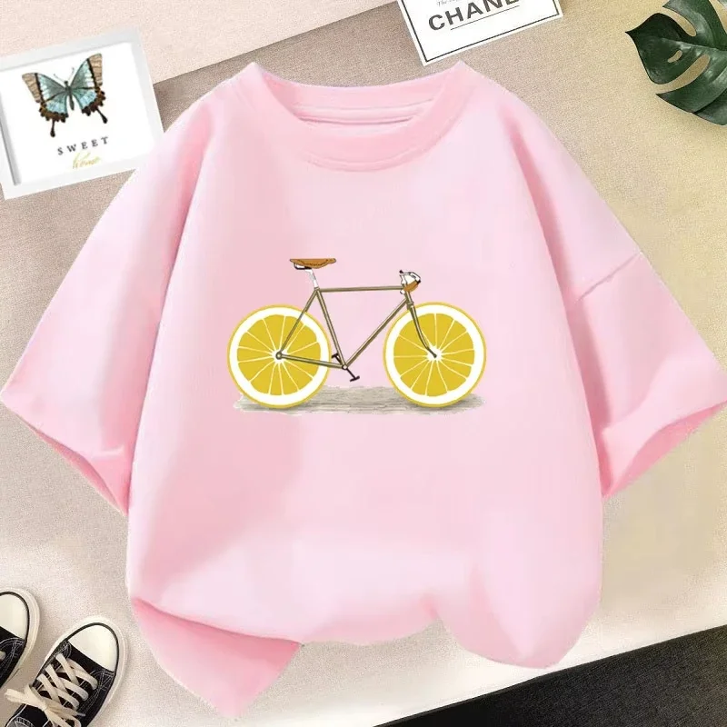 Children Funny Lemon Wheel Bicycle Graphic Tee Unique Fruit Bike Pattern Short Sleeve T Shirt For Boys And Girls Casual Wear