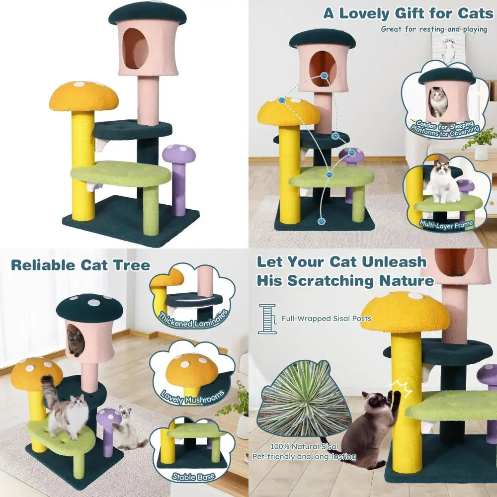 "multi-level sisal-wrapped cat tower with scratching posts and interactive balls for engaging play"