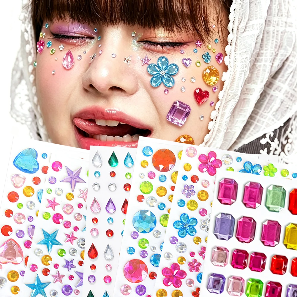 1/6Pcs Colorful Face Gem Stickers 3D Multi‑color Heart Star Square Teardrop Crystal Facial Diamond Decal DIY Festival Face Jewel