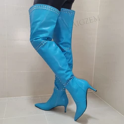 SEIIHEM kobiety zakolanówki wysokie buty nabijane 7.5CM buty na cienkich wysokich obcasach buty Over Knee Faux skórzane buty damskie kobieta duży rozmiar 39 47