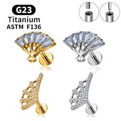Orecchini a perno G23 in titanio con ventaglio classico cinese per donna, 16G, con zirconi, per piercing al trago, cartilagine, elice, conchiglia, gioielli per il corpo