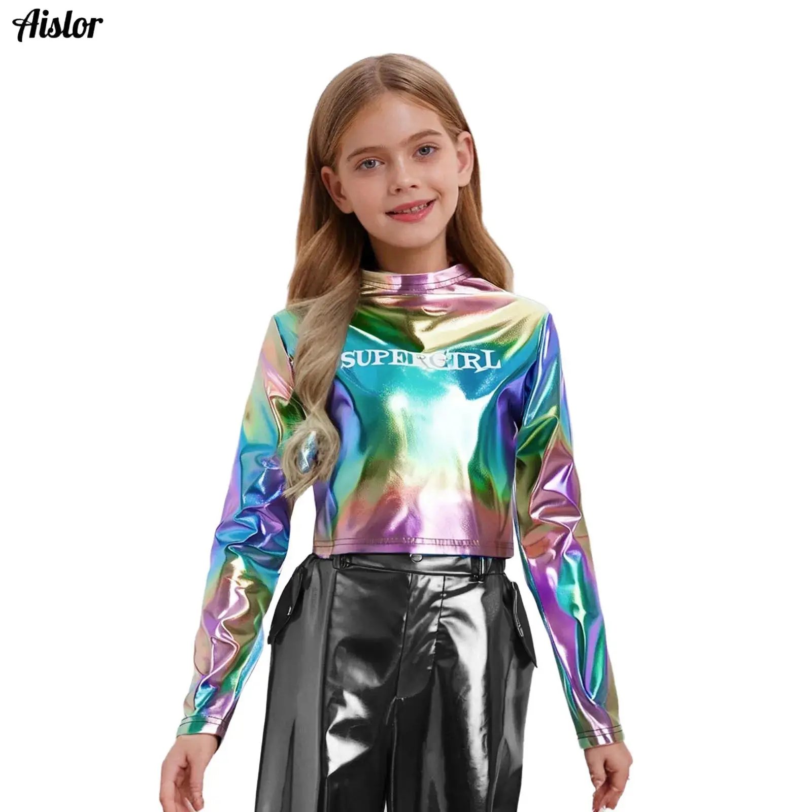 

Kids Girls Shirt Hip-Hop Jazz Dance Tops Crew Neck Long Sleeve Letter Printed Metallic Crop Top for Party Stage Performance