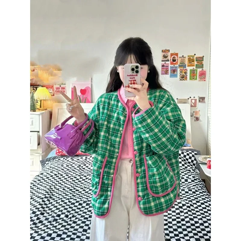 Vintage Green Plaid Quilted Coat For Women Thick Warm O-neck Long Sleeve Casual Cotton Jacket Autumn Winter Loose Parkas Outwear