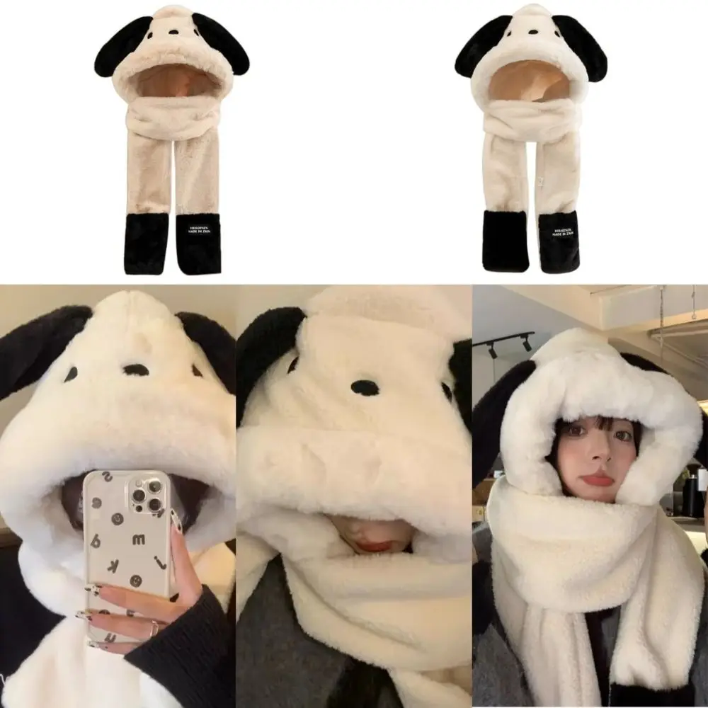 Three Piece Set Beanies Cap Solid Color Warm Plush Hooded Scarf Large Head Circumference Splicing Warm White Scarf Gloves Set